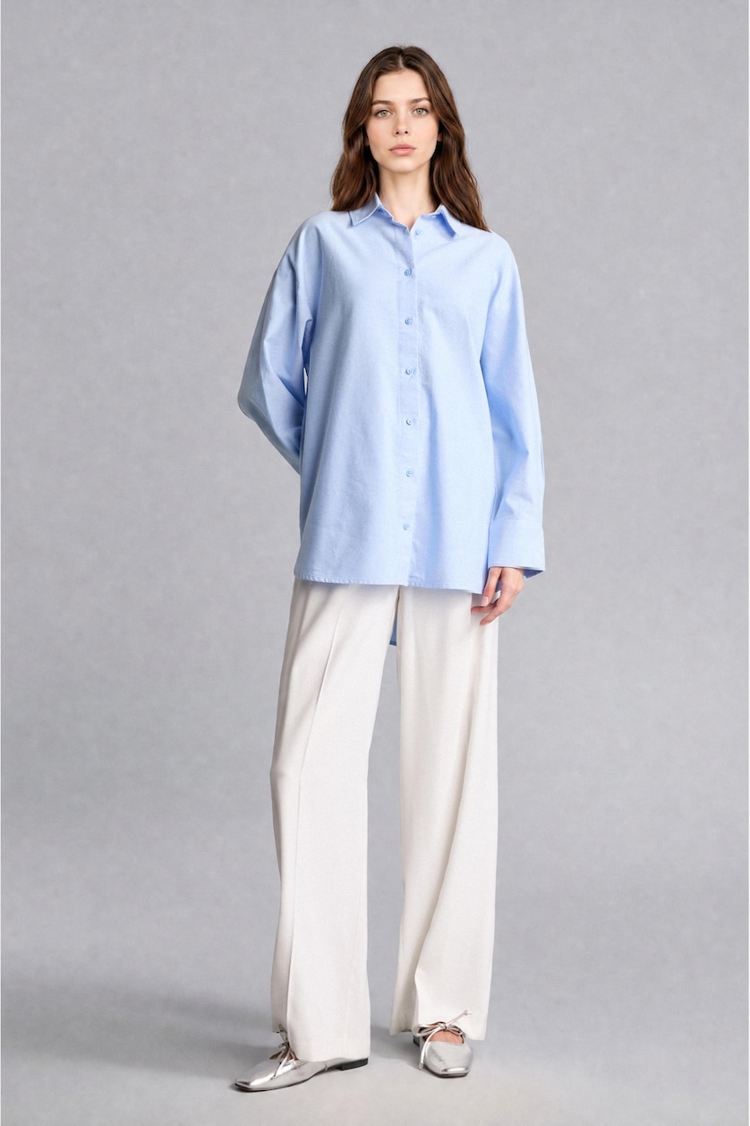 FEMME Bleu Tunique Oxford à manches longues Coupe décontractée