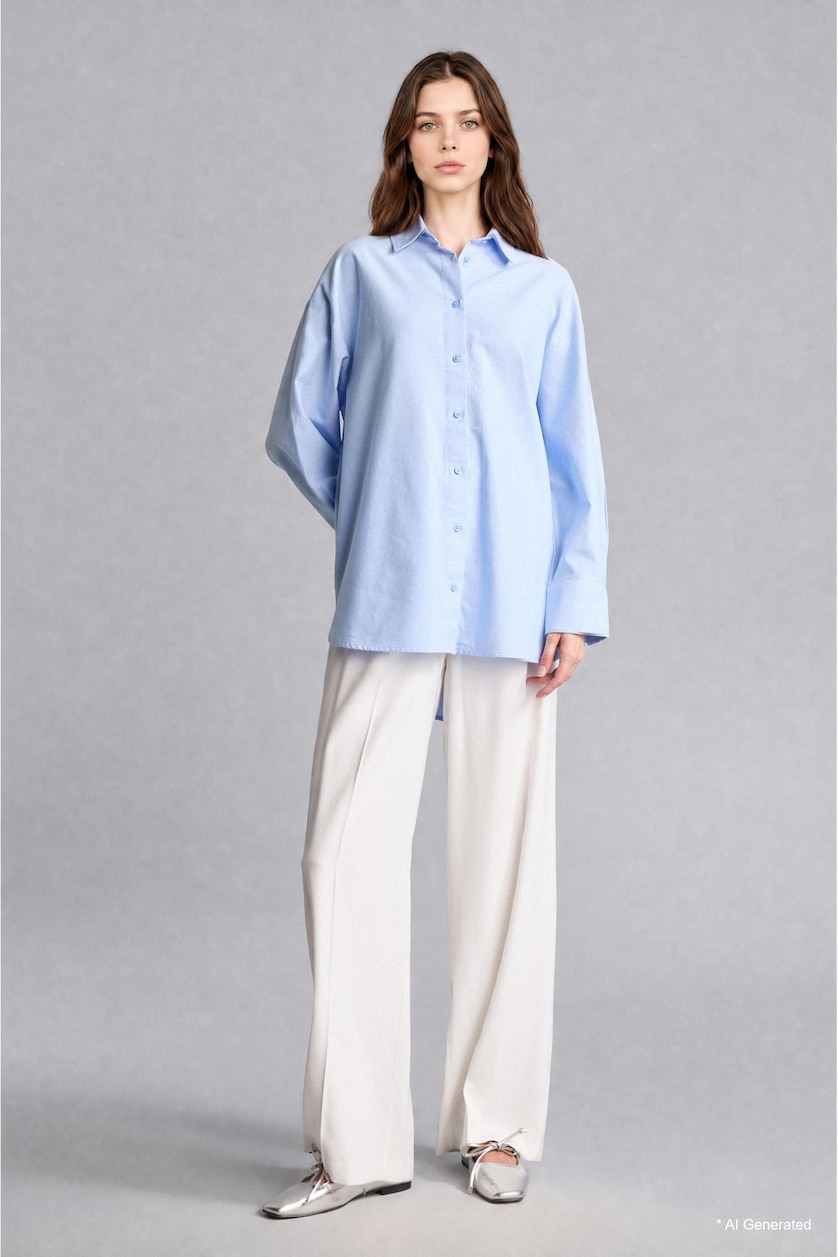 WOMAN Blue Relaxed Fit Oxford Long Sleeve Tunic