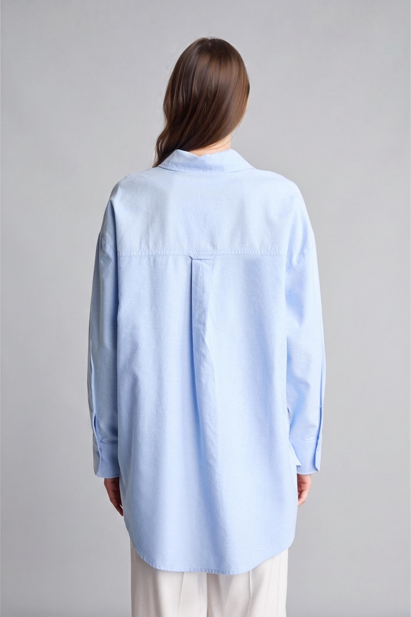 FEMME Bleu Tunique Oxford à manches longues Coupe décontractée