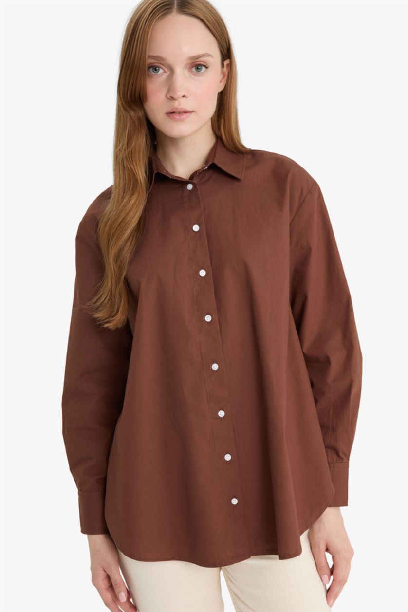 Woman Brown Relax Fit Poplin Long Sleeve Tunic