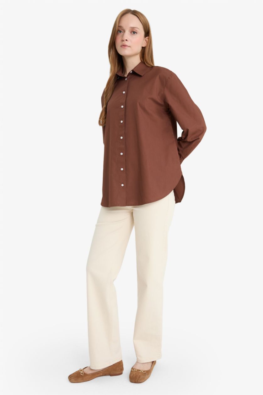 Woman Brown Relax Fit Poplin Long Sleeve Tunic