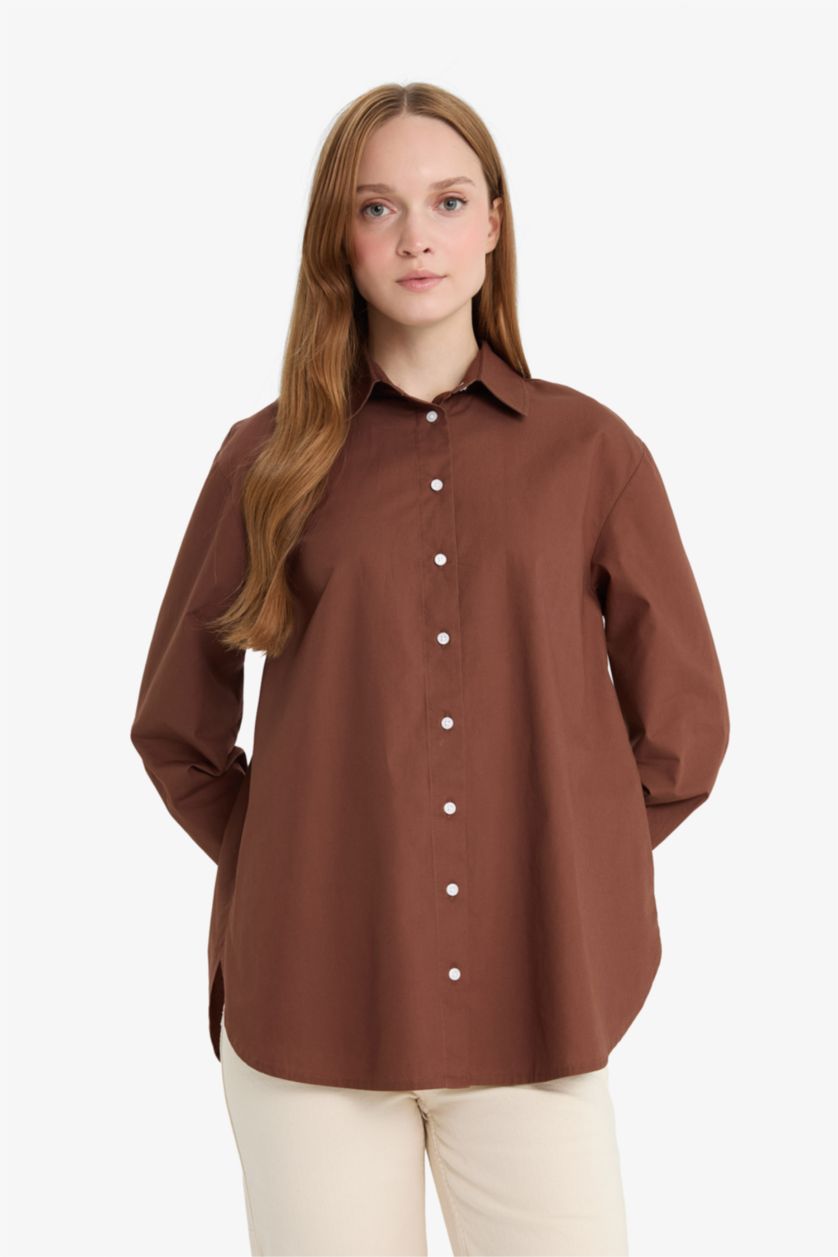 Woman Brown Relax Fit Poplin Long Sleeve Tunic