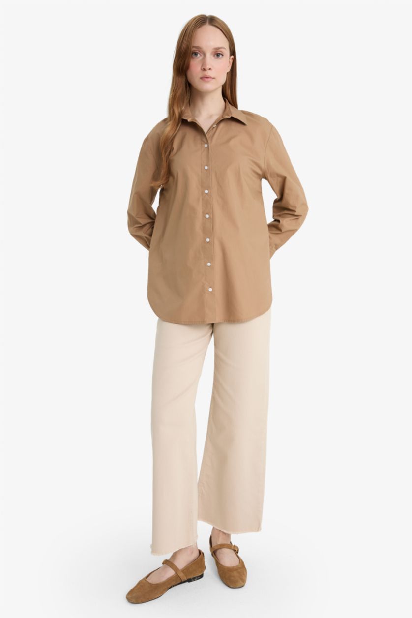 FEMME Marron Clair Tunique en popeline à manches longues Coupe décontractée