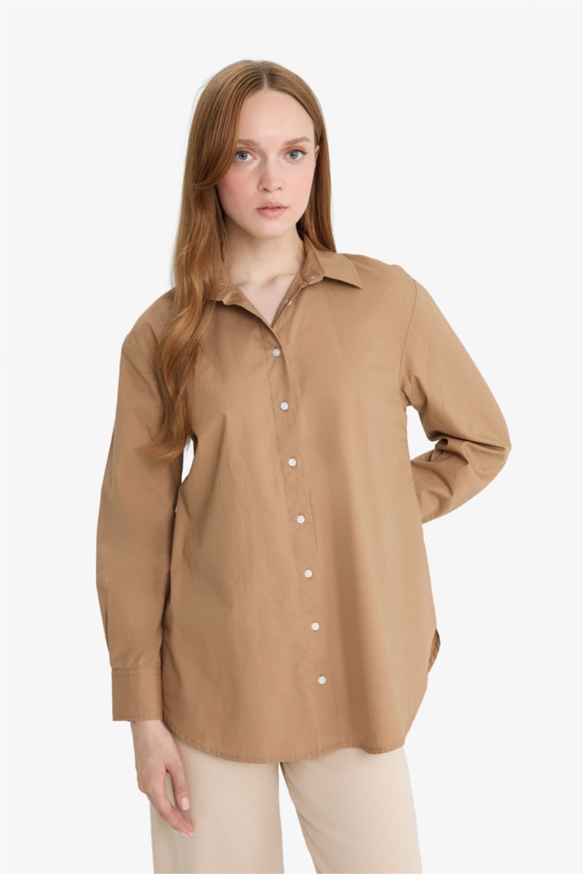 FEMME Marron Clair Tunique en popeline à manches longues Coupe décontractée