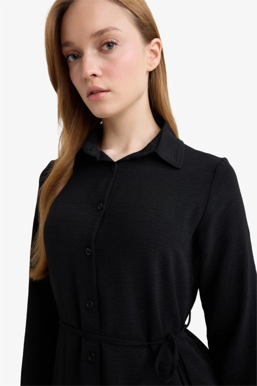 حريمي أسود تونيك قميص قصة عادية وكم طويل