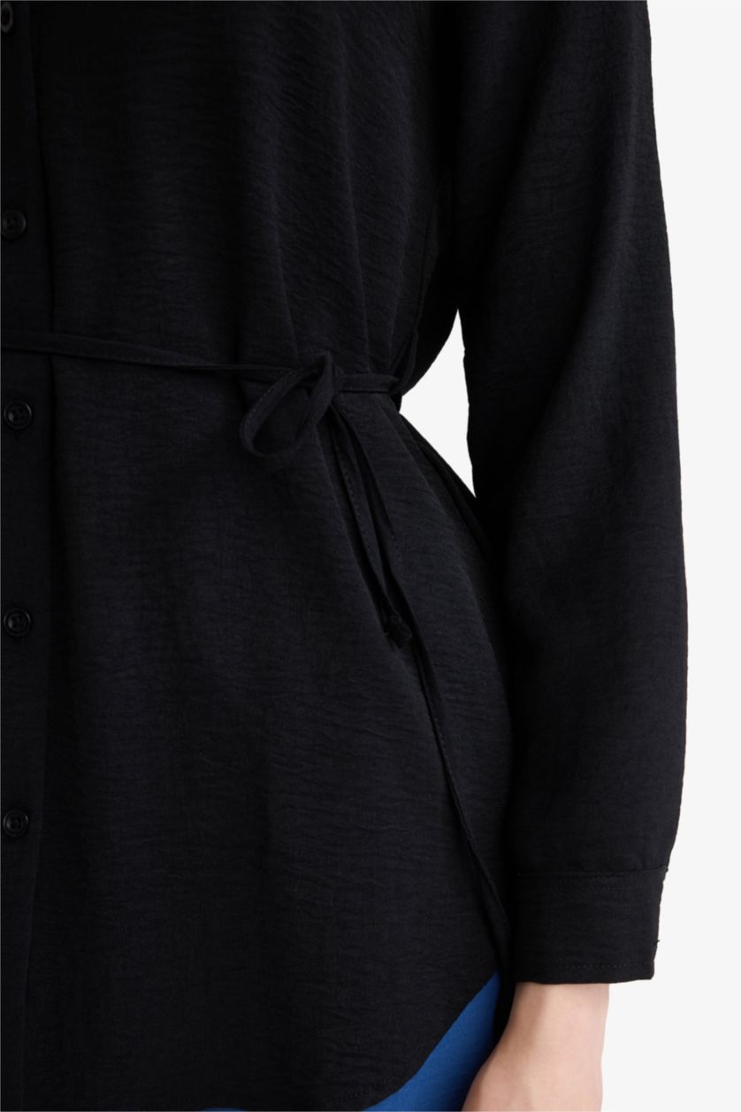 حريمي أسود تونيك قميص قصة عادية وكم طويل