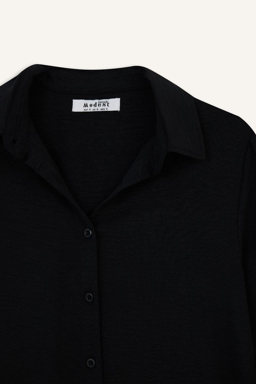 حريمي أسود تونيك قميص قصة عادية وكم طويل