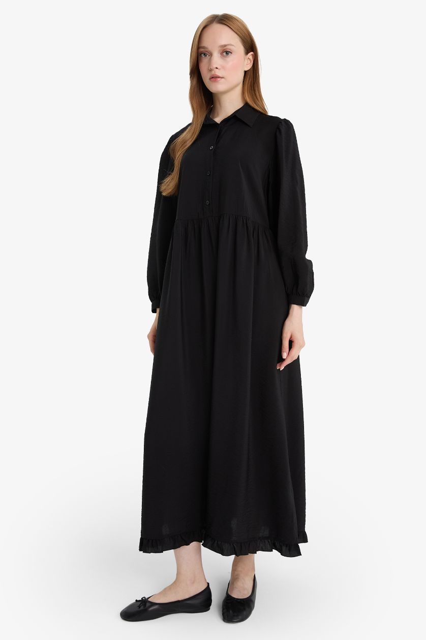 Woman Black Shirt Collar Long Sleeve Maxi Dress