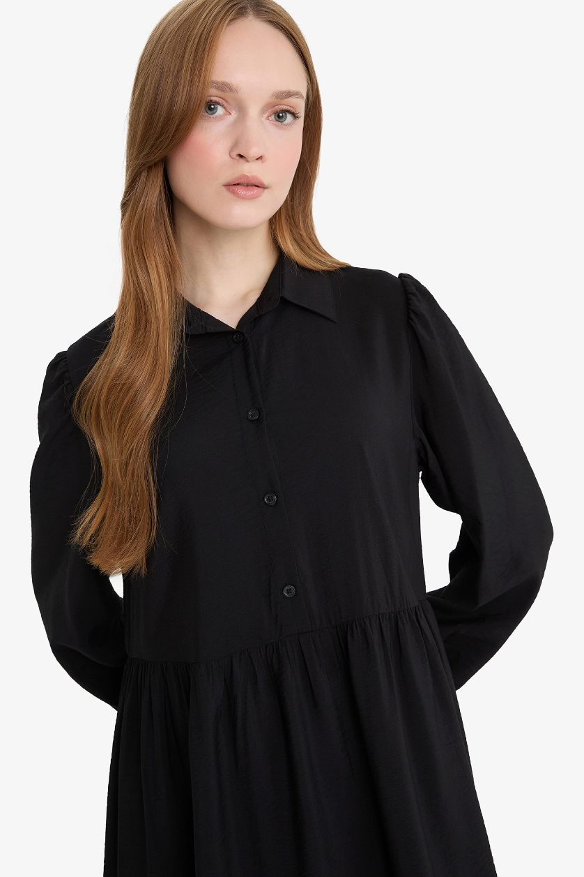 Woman Black Shirt Collar Long Sleeve Maxi Dress