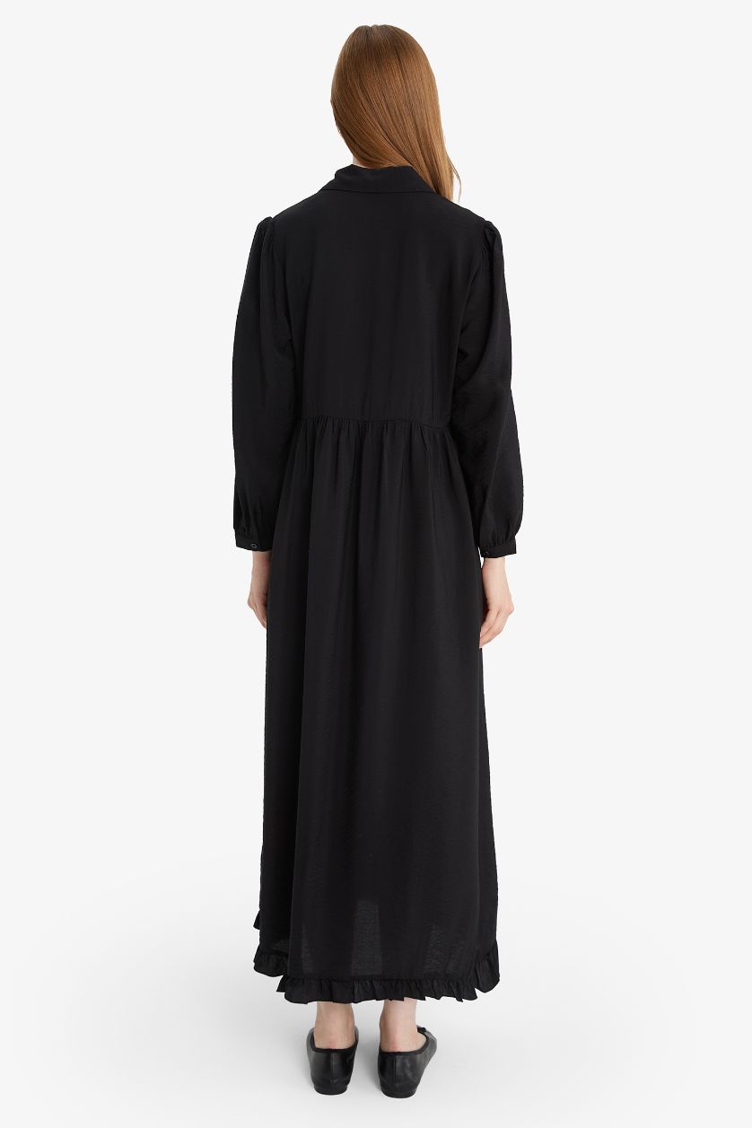 Woman Black Shirt Collar Long Sleeve Maxi Dress