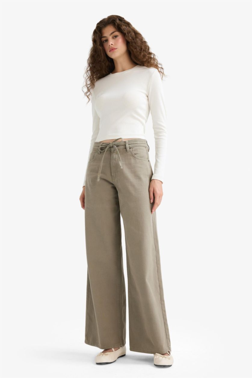 Женщины Хаки Габардиновые брюки Wide Leg с нормальной талией и стандартной длиной