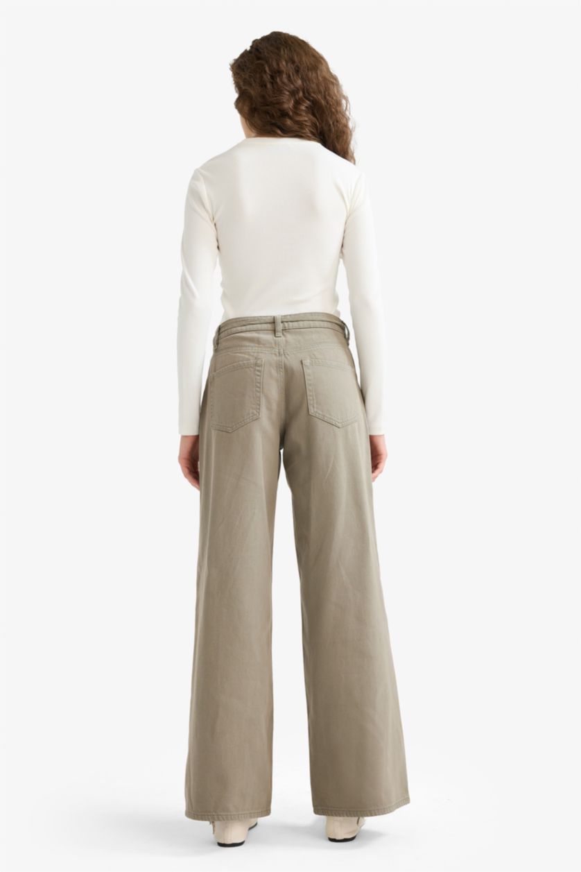 Женщины Хаки Габардиновые брюки Wide Leg с нормальной талией и стандартной длиной