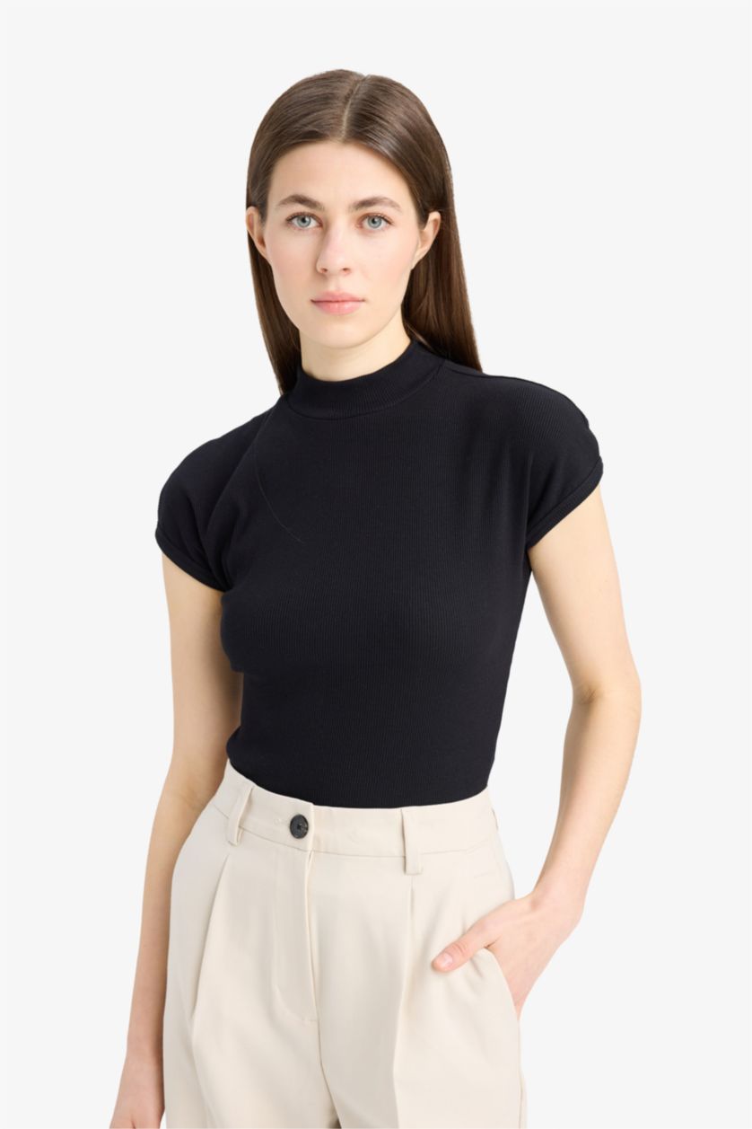 Woman Black Slim Fit Half Turtleneck Corduroy T-Shirt