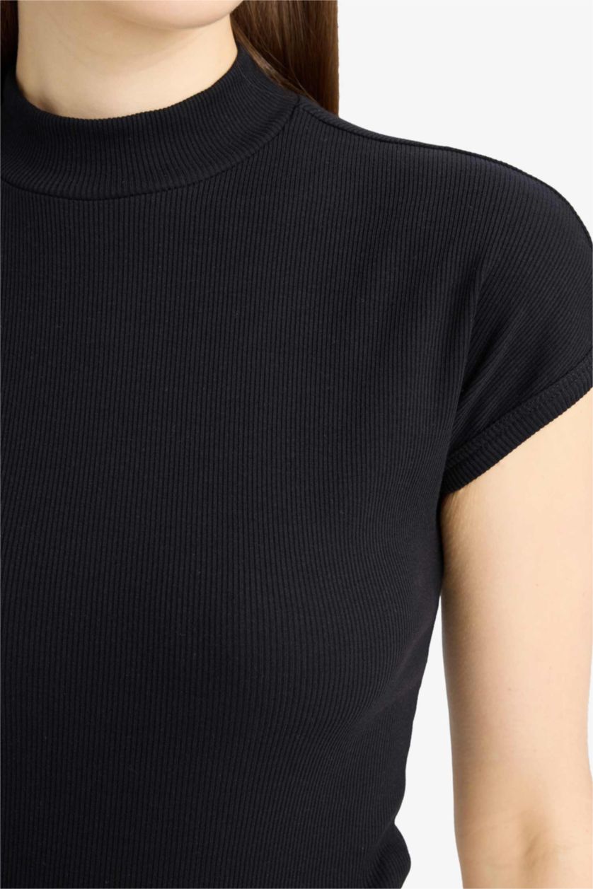 Woman Black Slim Fit Half Turtleneck Corduroy T-Shirt