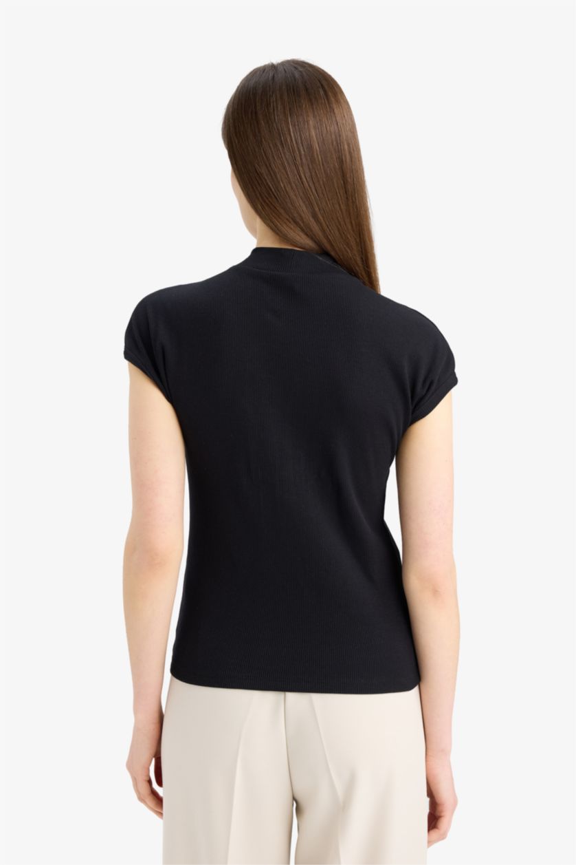Woman Black Slim Fit Half Turtleneck Corduroy T-Shirt