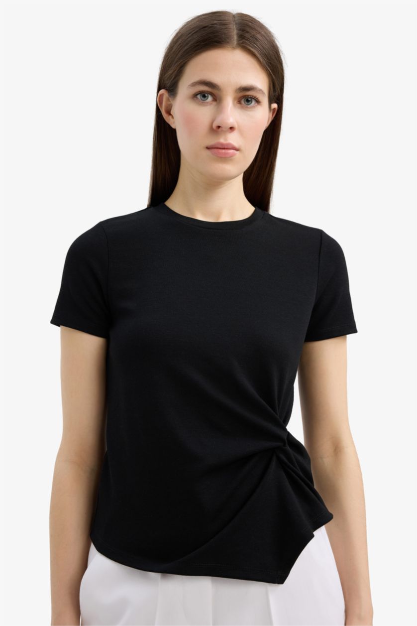 نساء أسود تيشيرت نص كم  سليم فيت برقبة مستديرة