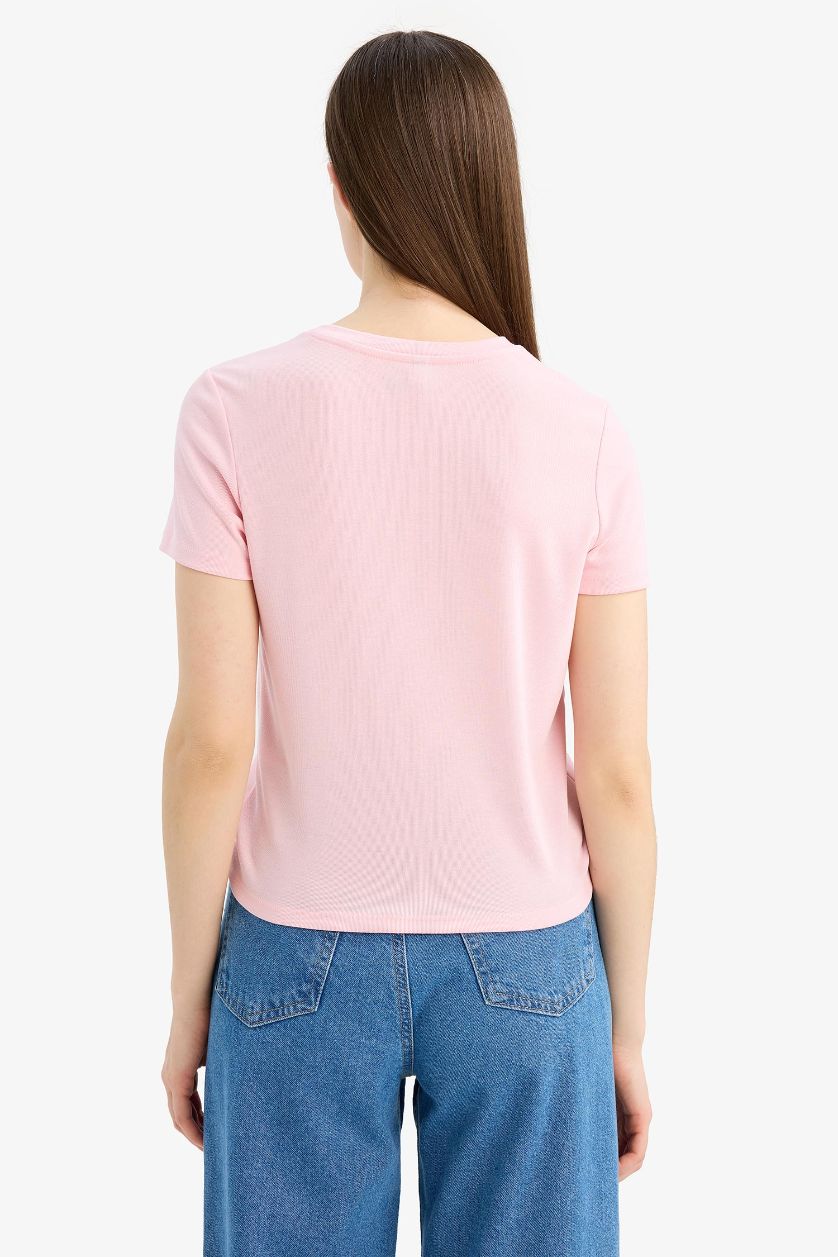 نساء زهري فاتح تيشيرت سليم نص كم برقبة مستديرة