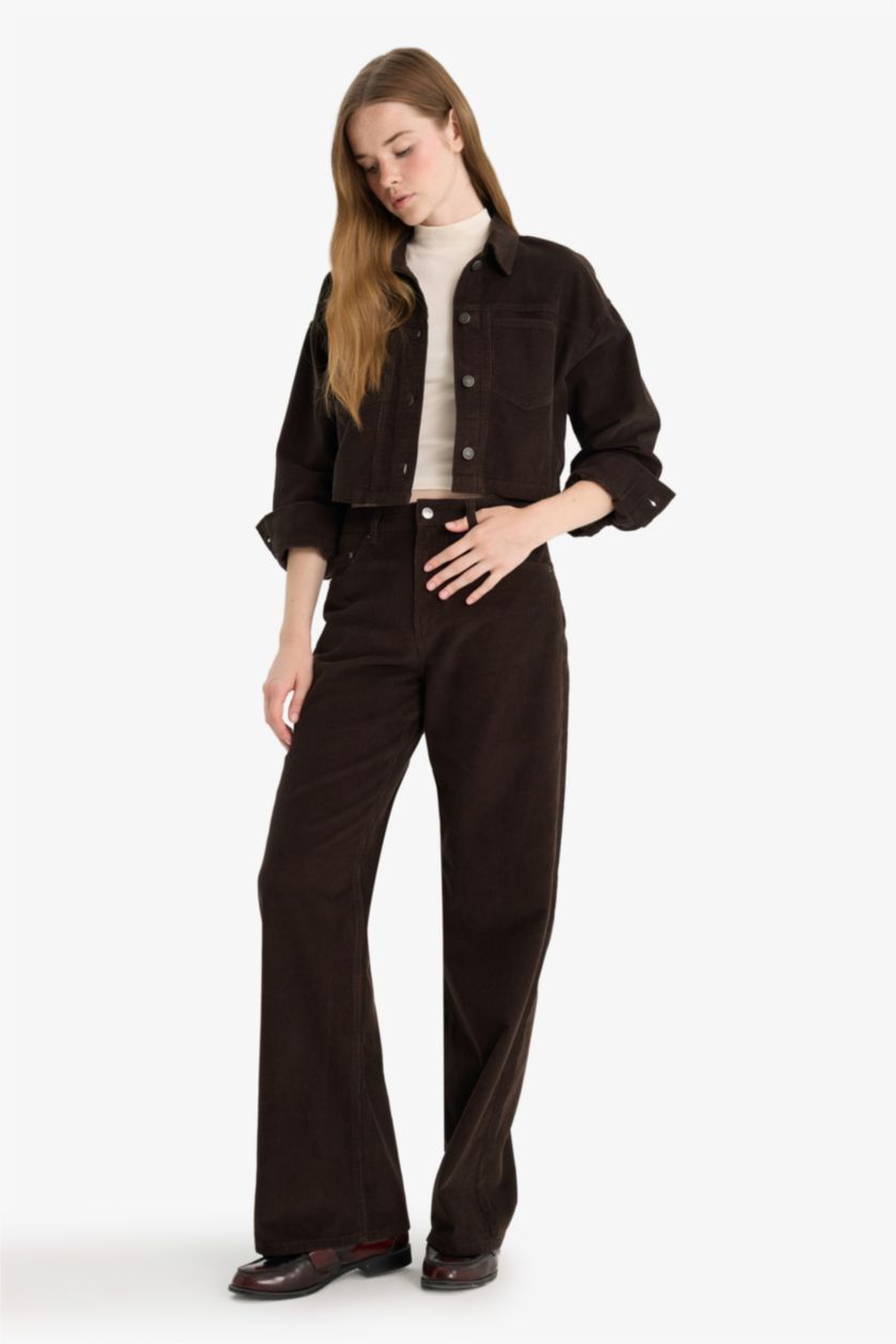 Woman Brown Wide Leg Zipper Velvet Trousers