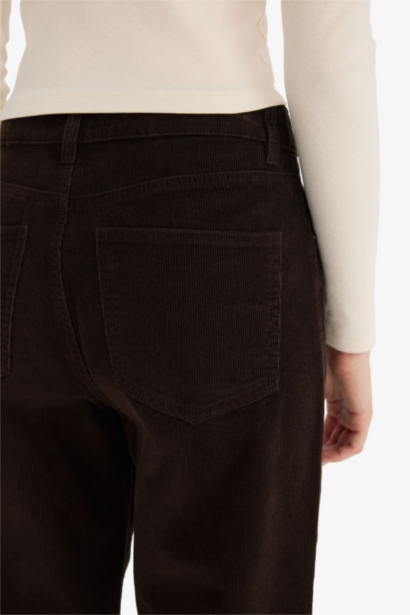 Woman Brown Wide Leg Zipper Velvet Trousers