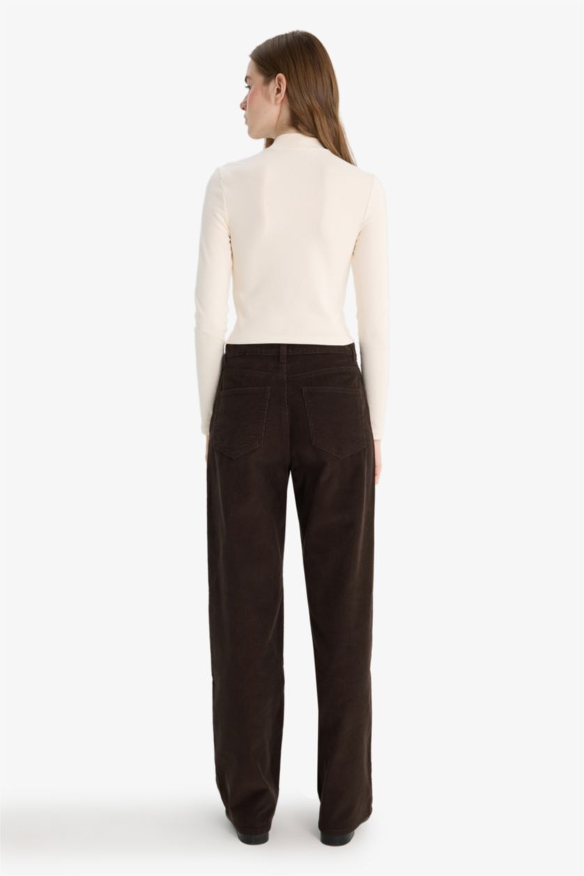 Woman Brown Wide Leg Zipper Velvet Trousers