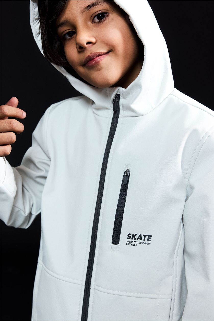 Erkek Çocuk - Genç Erkek Ekru Su İtici Kapüşonlu Polar Astarlı Yağmurluk Erkek Çocuk