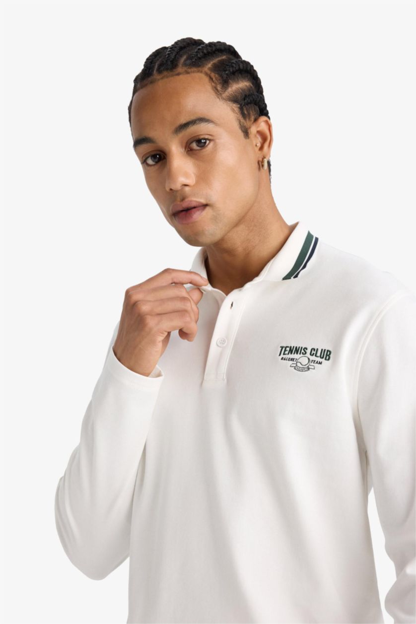 Мужчины Бежевый Длинный спортивный топ с принтом и воротником поло Стандартного кроя DeFactoFit