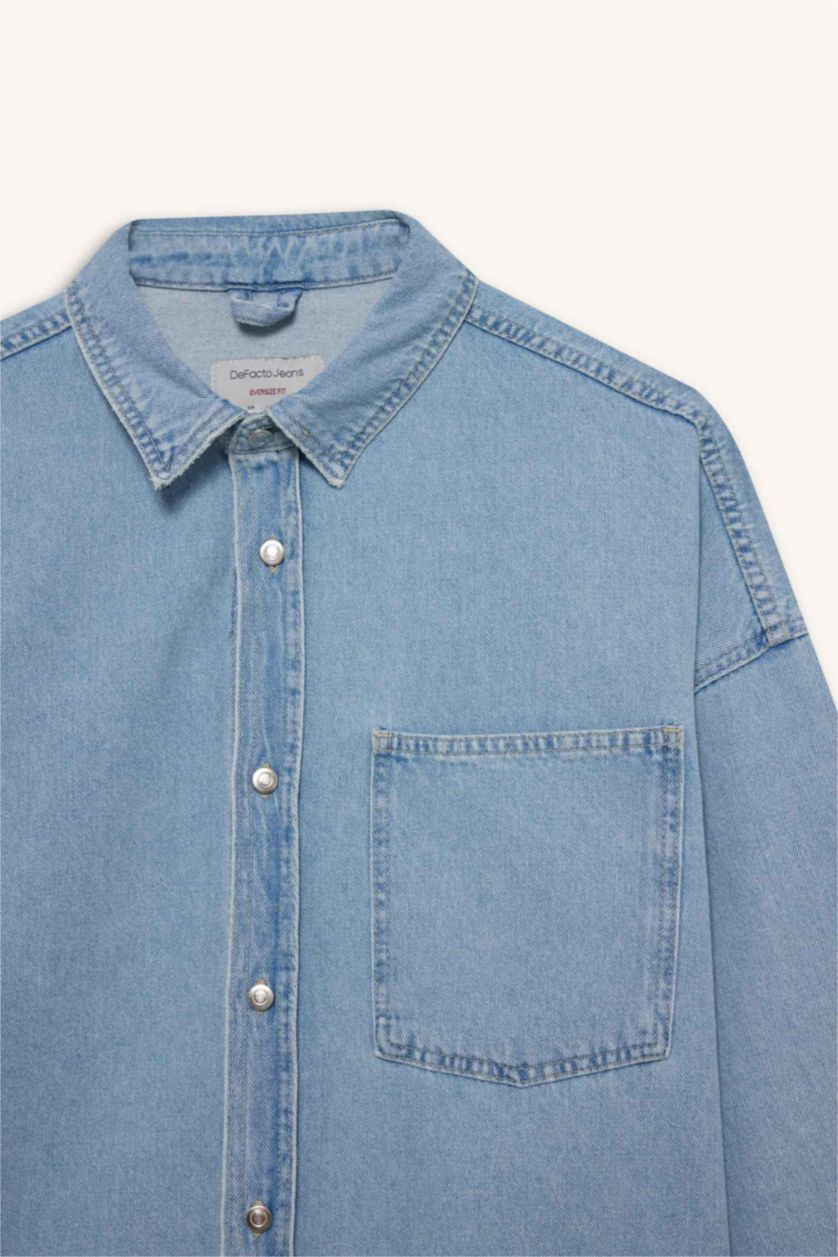 رجالي أزرق فاتح قميص جينز اوفر سايز كم طويل