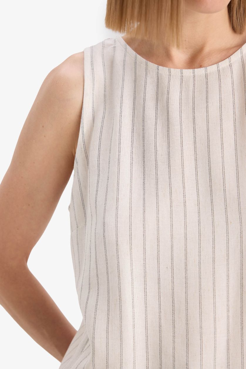 Woman Ecru Regular Fit Crew Neck Striped Linen Blend Sleeveless Blouse