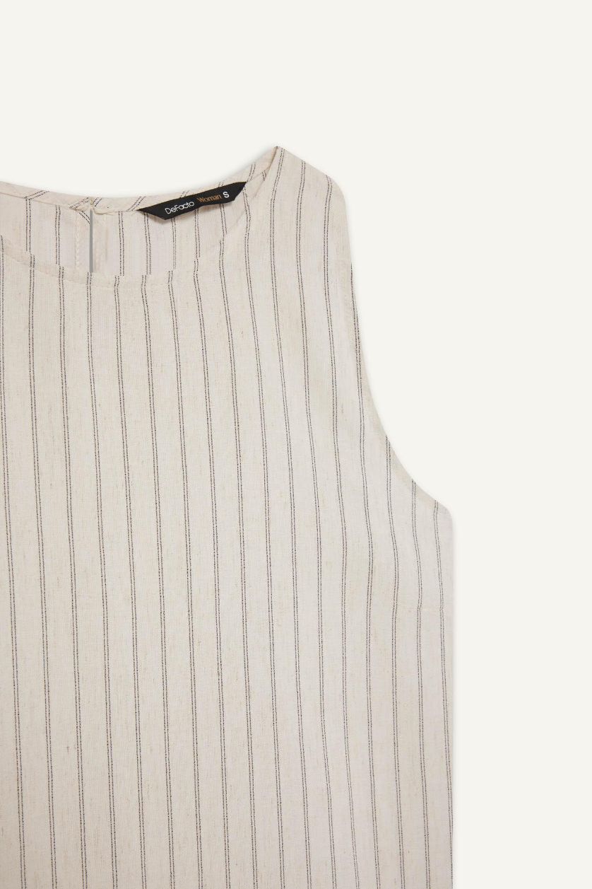 Woman Ecru Regular Fit Crew Neck Striped Linen Blend Sleeveless Blouse
