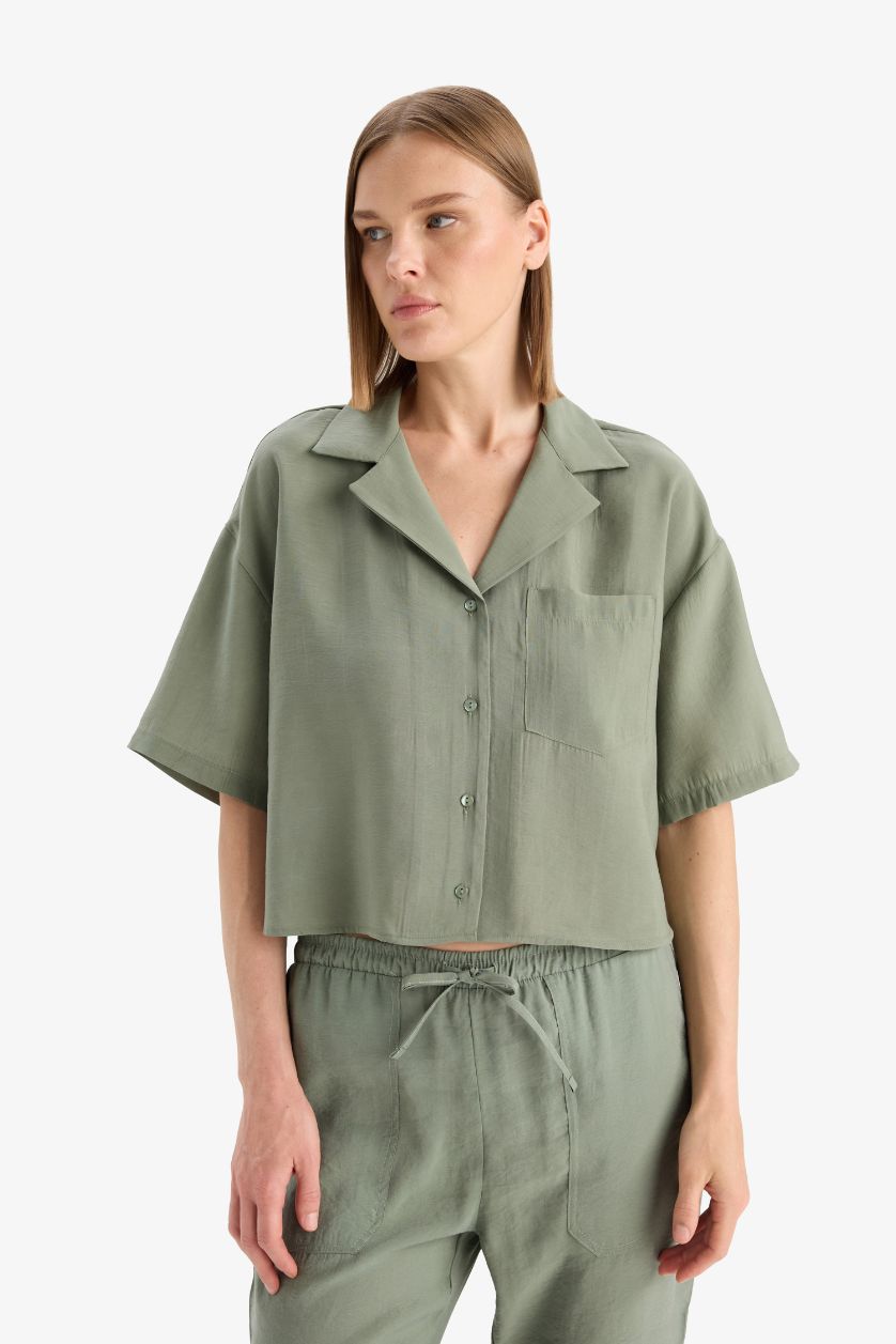 Kadın Açık Yeşil Loose Fit Ceket Yaka Modal Kısa Kollu Gömlek