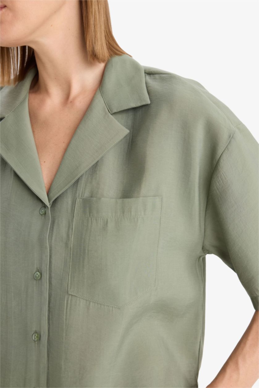 Kadın Açık Yeşil Loose Fit Ceket Yaka Modal Kısa Kollu Gömlek
