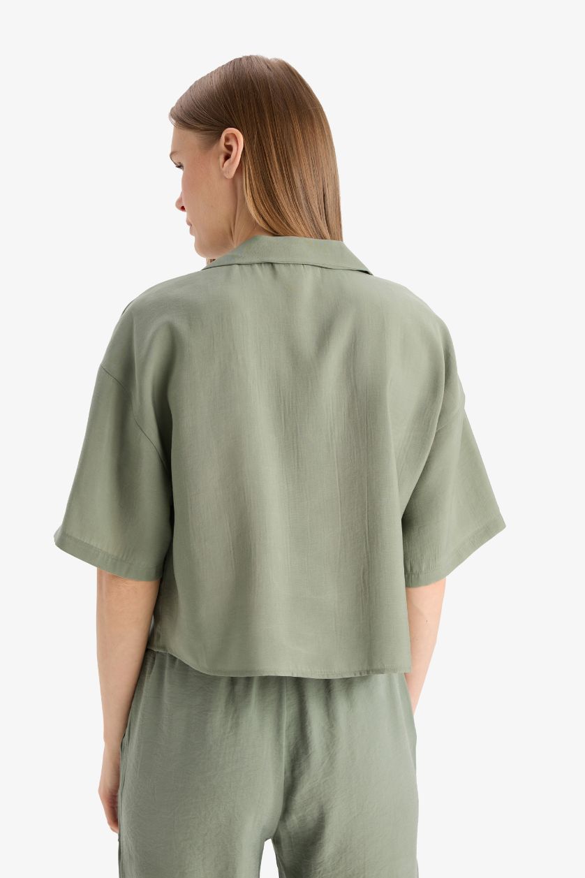 Kadın Açık Yeşil Loose Fit Ceket Yaka Modal Kısa Kollu Gömlek