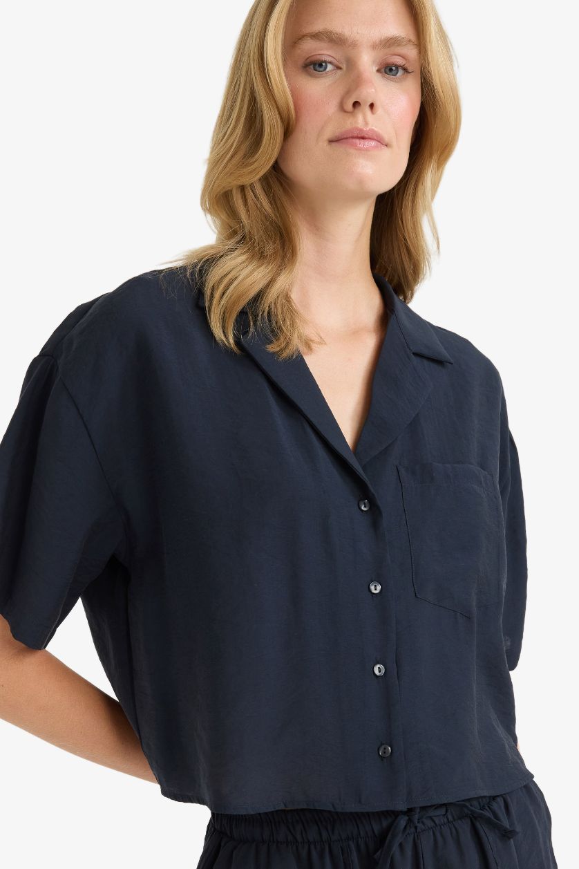Kadın Lacivert Loose Fit Ceket Yaka Modal Kısa Kollu Gömlek
