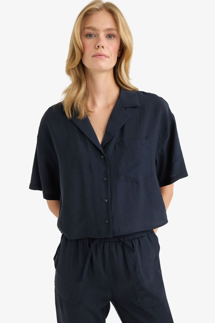 Kadın Lacivert Loose Fit Ceket Yaka Modal Kısa Kollu Gömlek