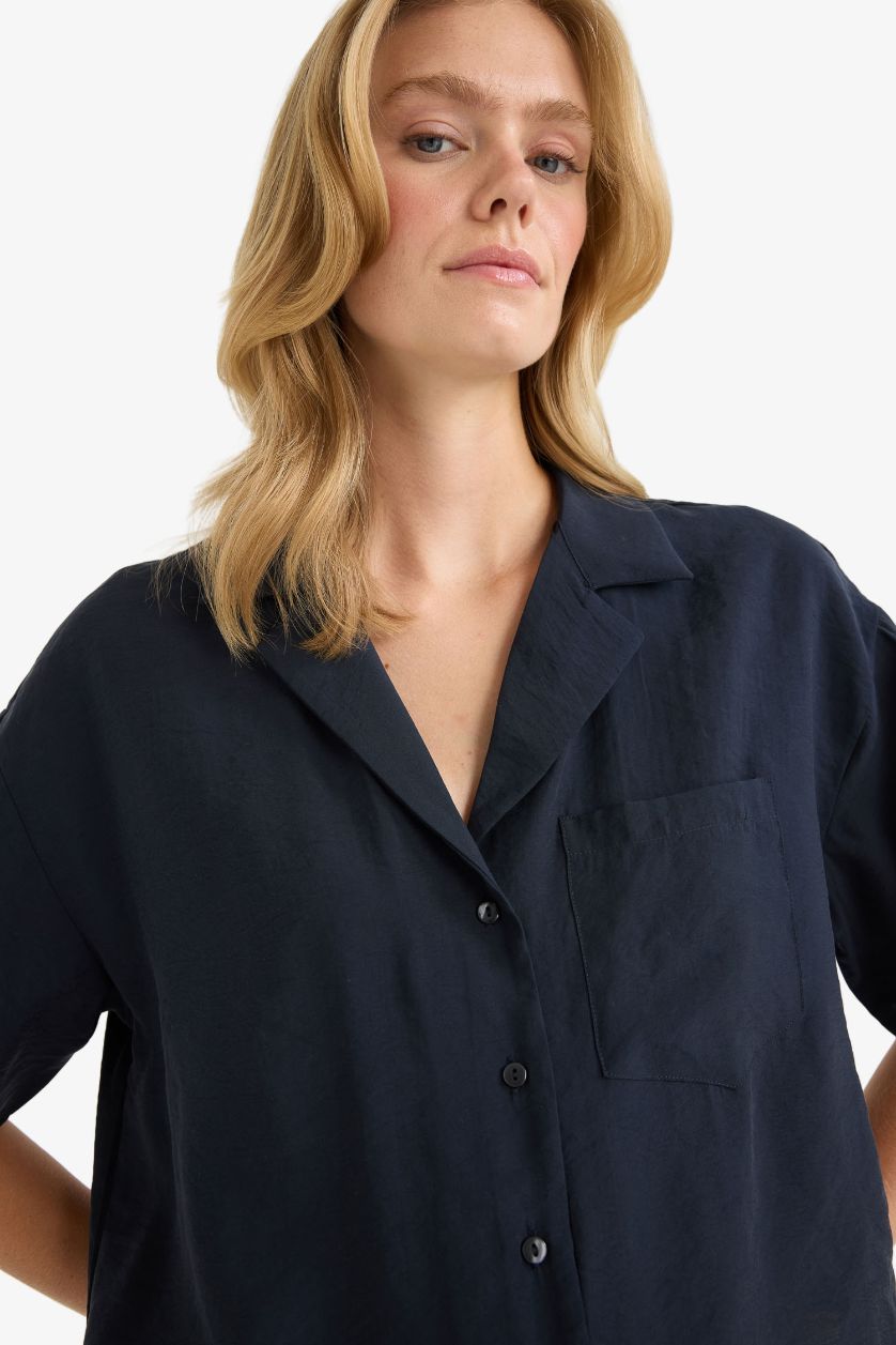 Kadın Lacivert Loose Fit Ceket Yaka Modal Kısa Kollu Gömlek