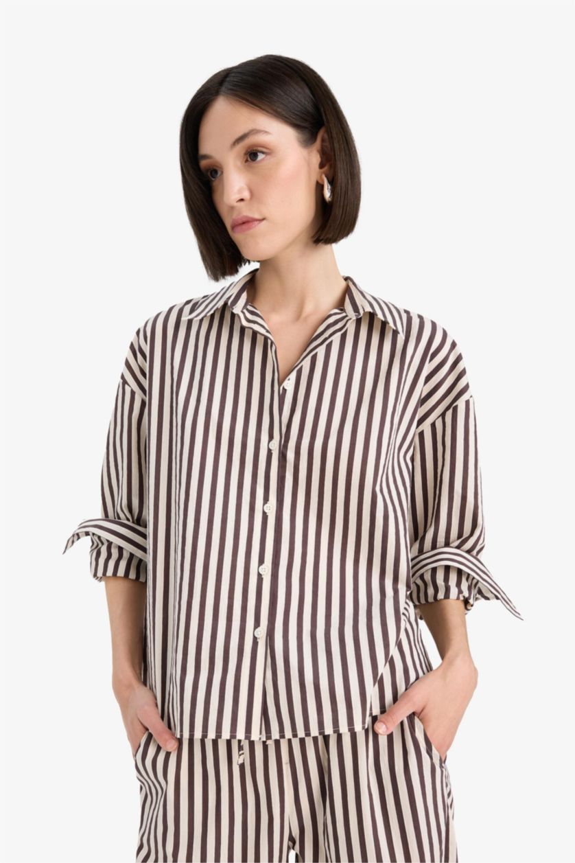 Әйелдерге Қоңыр бос пішім жолақ Ұзын жеңді көйлек