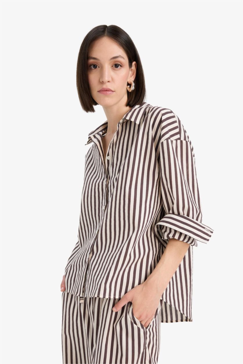 Әйелдерге Қоңыр бос пішім жолақ Ұзын жеңді көйлек