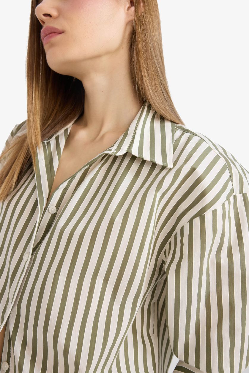 Kadın Haki Loose Fit Çizgili Poplin Uzun Kollu Gömlek