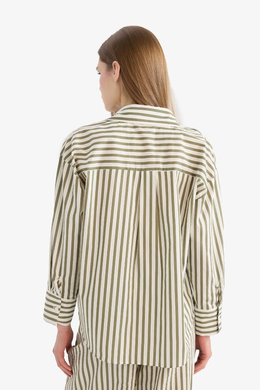 Kadın Haki Loose Fit Çizgili Poplin Uzun Kollu Gömlek