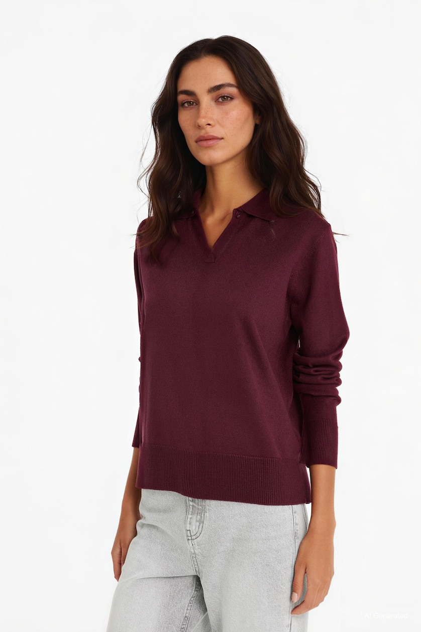 Kadın Bordo Regular Fit Polo Yaka Triko Kazak