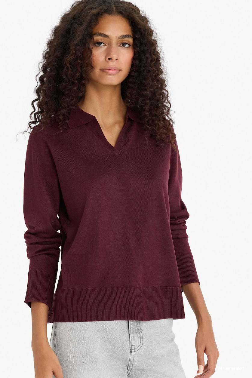 Kadın Bordo Regular Fit Polo Yaka Triko Kazak