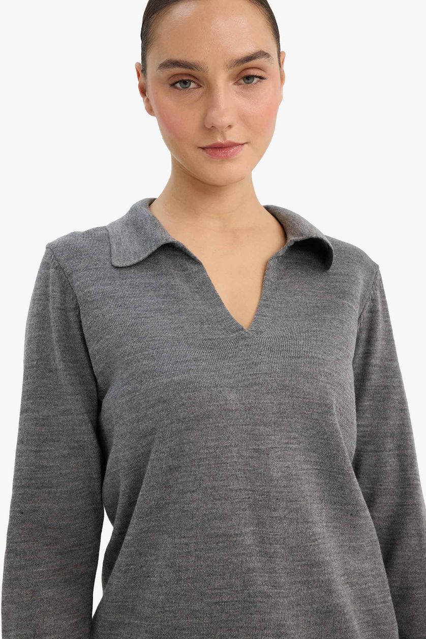 Kadın Gri Melanj Regular Fit Polo Yaka Triko Kazak