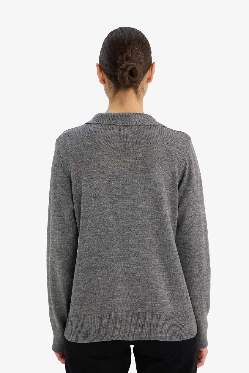 Kadın Gri Melanj Regular Fit Polo Yaka Triko Kazak