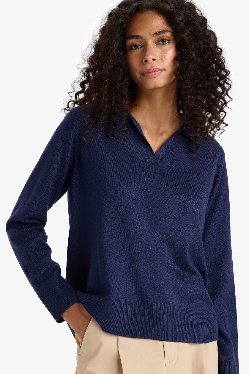 Kadın Lacivert Regular Fit Polo Yaka Triko Kazak