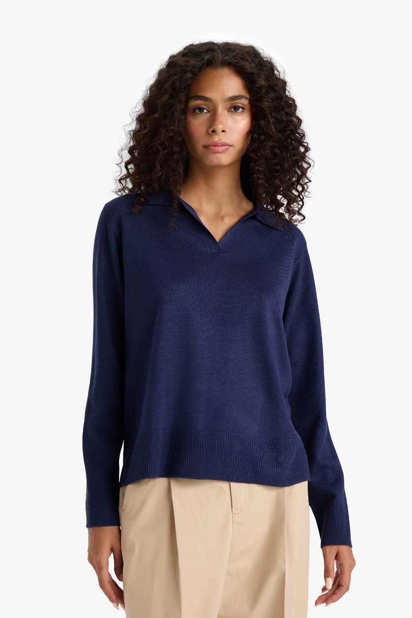 Kadın Lacivert Regular Fit Polo Yaka Triko Kazak