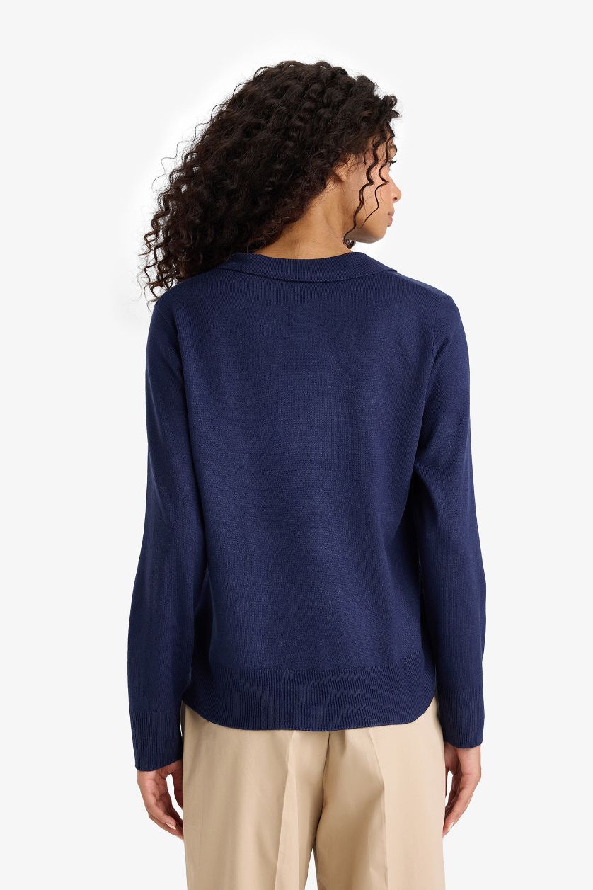 Kadın Lacivert Regular Fit Polo Yaka Triko Kazak