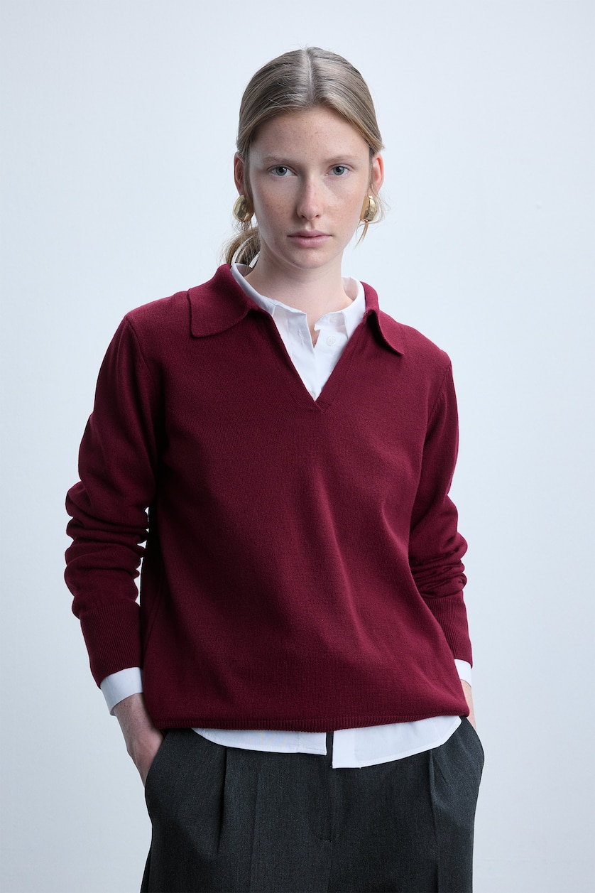 Women Bordeaux Regular Regular Fit Polo Collar Pullover