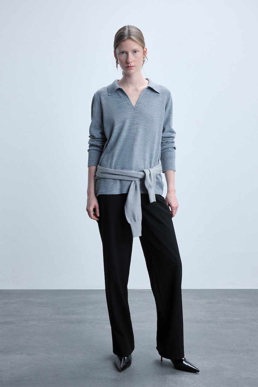 Women Grey Melange Regular Fit Heather Grey Knitted Polo Collar Sweater