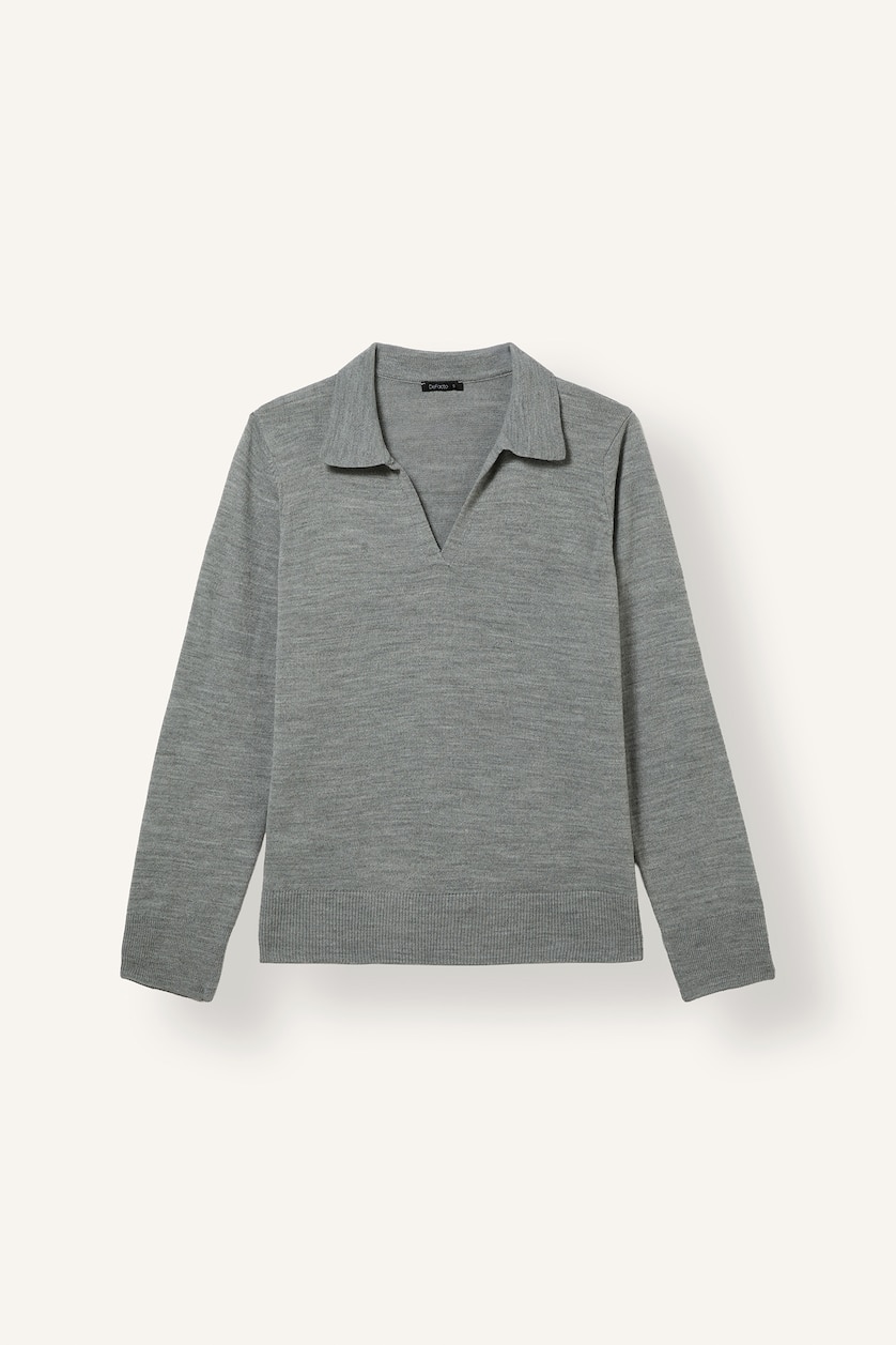 Women Grey Melange Regular Fit Heather Grey Knitted Polo Collar Sweater
