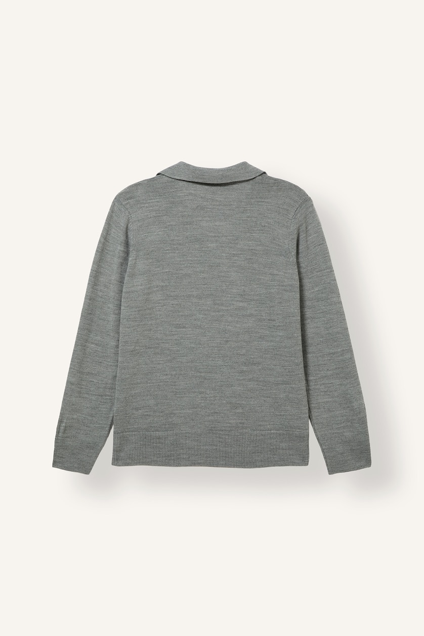 Women Grey Melange Regular Fit Heather Grey Knitted Polo Collar Sweater